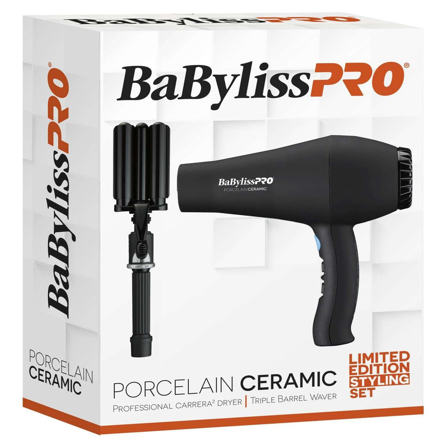 BABYLISS PRO PORCELAIN CERAMIC TRIPLE BARREL WAVER / PROFESSIONAL DRYER PREPACK